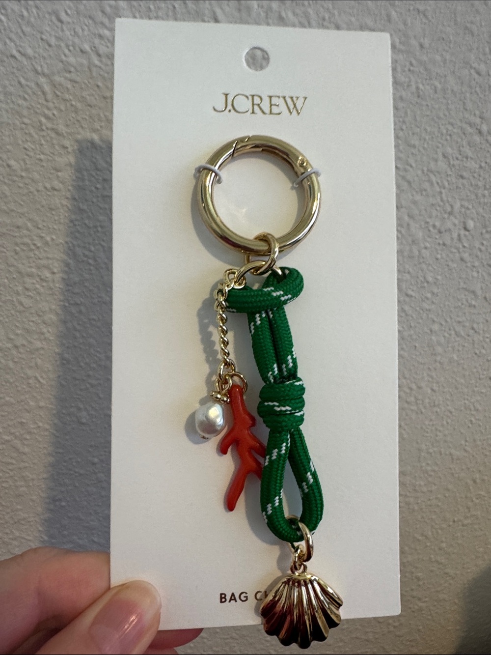 J. Crew Bag Charm with Gold Shell, Pink Coral and Pearl Nautical Green NWT